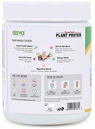 B08PK46C9B Dharma OZiva Superfood Plant Protein with Ayurvedic Herbs & Multivitamins for Boosting Immunity & Energy, Soy Free (Coco Vanilla-500g) Pack of 1