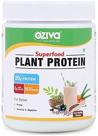 B08PK46C9B Dharma OZiva Superfood Plant Protein with Ayurvedic Herbs & Multivitamins for Boosting Immunity & Energy, Soy Free (Coco Vanilla-500g) Pack of 1