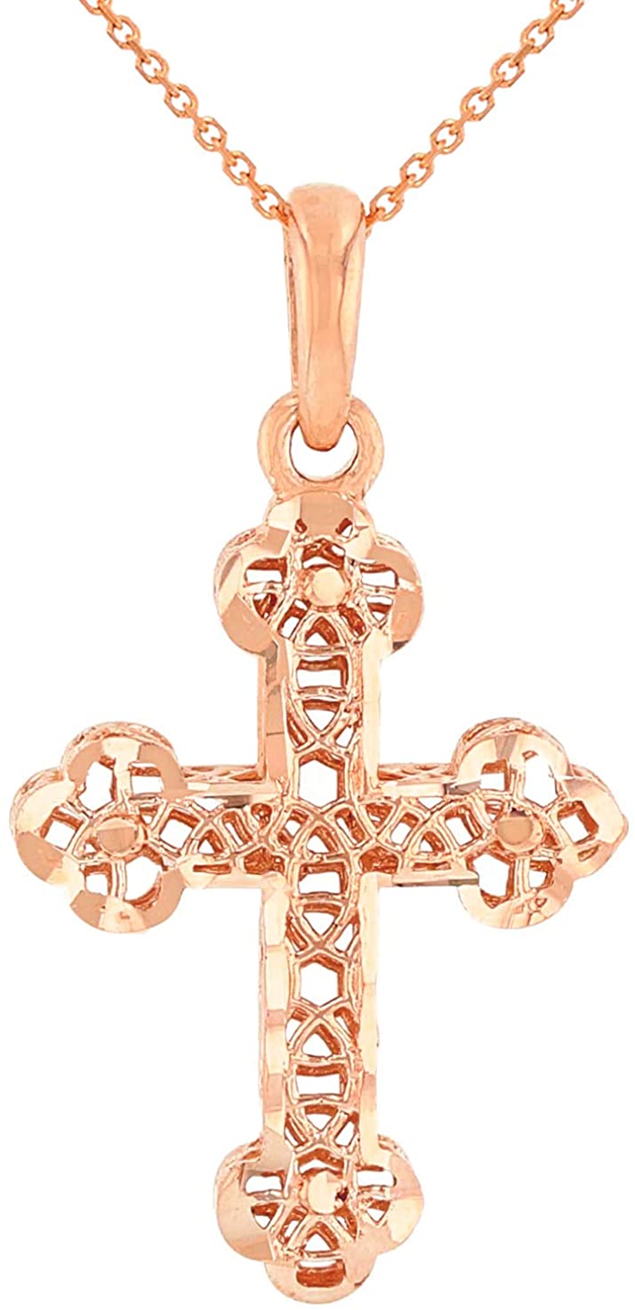 B07NQ2BQNQ 14k Rose Gold Textured Filigree Christian Orthodox Cross Charm Pendant Necklace