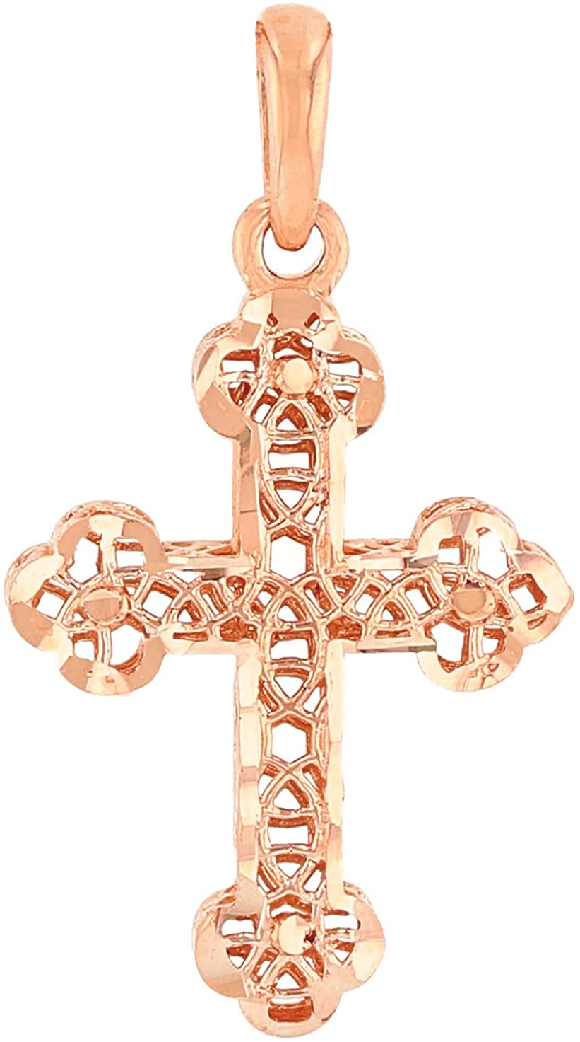 B07NQ2BQNQ 14k Rose Gold Textured Filigree Christian Orthodox Cross Charm Pendant Necklace