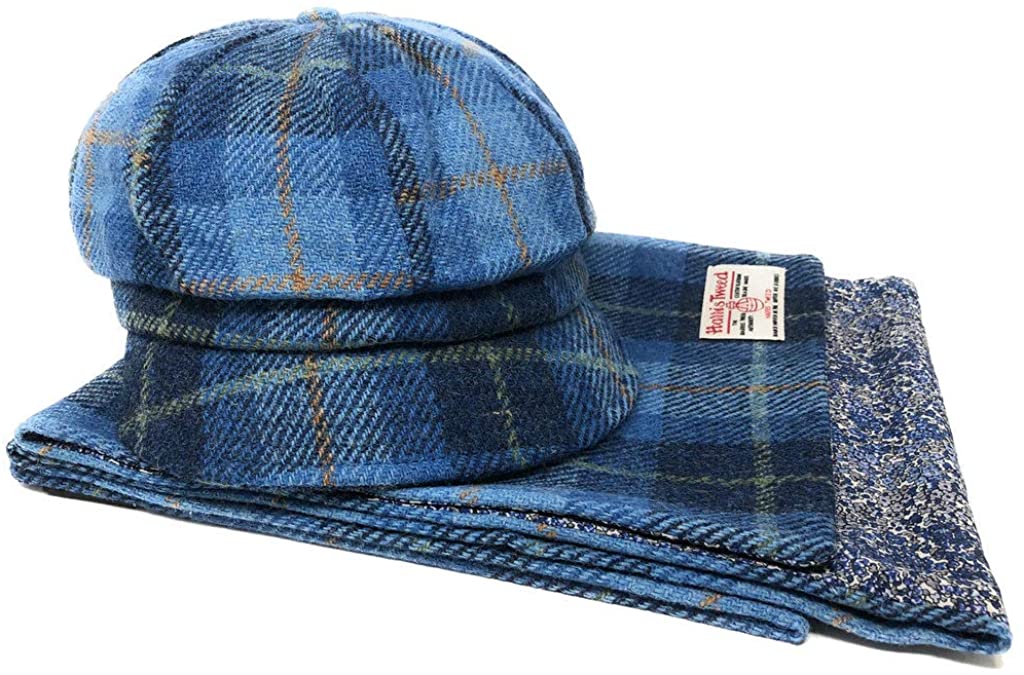 B08LSTKM66 Scott MacKenzie Harris Tweed Baker Boy Hat and Scarf Set in Blue Tartan