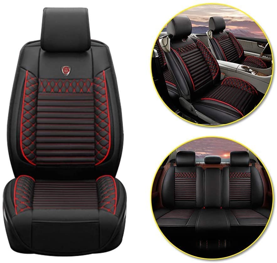 B08HMVYC96 Custom Car Seat Covers for Dodge Avenger RAM All Weather PU Leather Full Set Universal 5-Seat Front Rear Seat Pad Seat Cushion Cover Black and Red