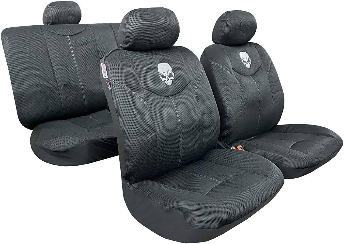 B078SRTBRC Airflow Mesh Car Seat Covers Embroidery Auto Interior Accessories Universal Size for Toyota Tacoma RAV4 4Runner - Cool in Summer Warm in Winter - 9pcs Complete Set (Skull Black)