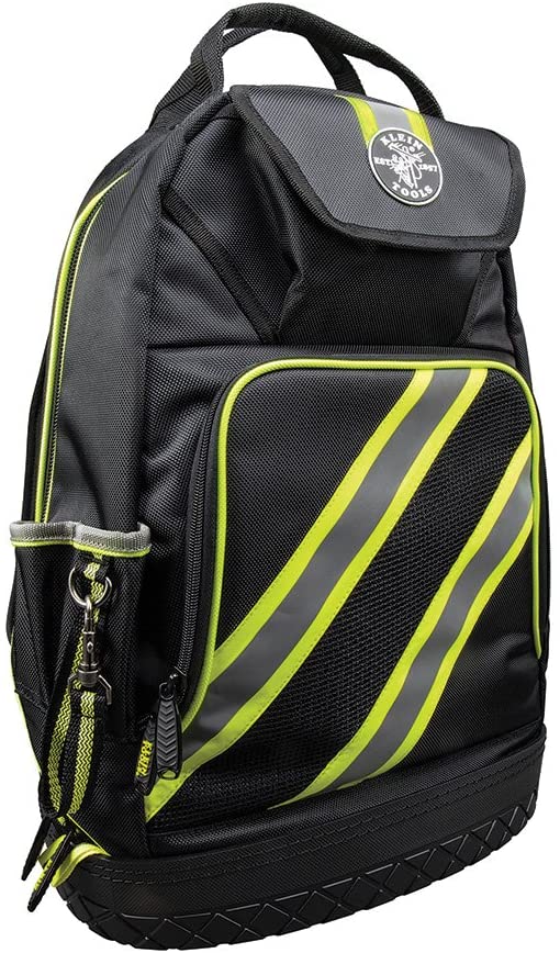 B01N2KEYLV Klein Tools 55597 Tool Bag Backpack, Tradesman Pro Tool Organizer with 39 Pockets, Reflective Hi Viz, Padded Shoulder Straps, Molded Base