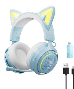 Zunate Gaming Headset with 3D Surround Sound, RGB Lighting Cat Ears Headphones 120 Degree Rotatable Mic for PC, Laptops (Blue)