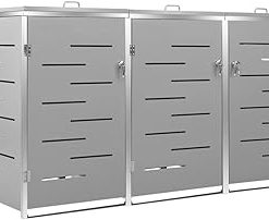 'vidaXL Triple Wheelie Bin Shed - Galvanized Steel Panel and Rust-Resistant Stainless Steel Frame, Lockable, Air Circulating Design - Gray