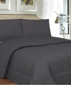 1 Piece Dark Grey Comforter Queen Size All Season 88 inches Wide x 88 inches Long Geometrical Down Alternative | Home Bedding Baffle Box Stitched Squared Polyester Cover Material Block Pattern Neat