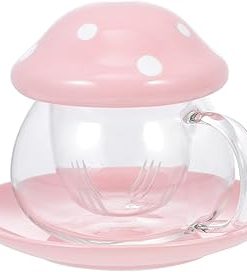 1 Set Glass Tea Mug Cute Mushroom Teapot with Infuser Kawaii Tea Cup Clear Coffee Mug with Lid Coaster Loose Leaf Tea Maker for Tea Fruit Cold Brew Coffee Pink