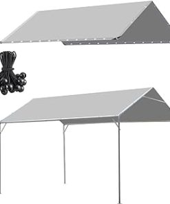10 x 20 Ft Heavy Duty Carport Replacement Canopy Cover Waterproof & UV Protected Car Garage Top Tent Shelter Tarp Cover with 44 Ball Bungees Cords, Only Top Cover, Grey