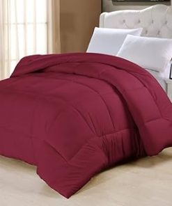 1 Piece red Comforter Twin Size Reversible Microfiber Material Traditional Baffle Box Stitched Geometrical Squared | All Season Home Bedding Hotel Holiday Extra Soft Plush Bedroom Decor Burgundy