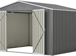 10X8 FT Outdoor Storage Shed, Metal Tool Sheds with Lockable Doors, All Weather Backyard Shed with Pitched Roof, Ventilation Vents for Garden Grey One size