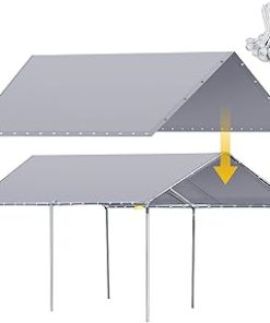 10 x 20 ft Heavy Duty Canopy Replacement Cover Waterproof Carport Canopy Cover Garage Car Shelter Tarp Tent for Car Canopy with 50 Ball Bungees, Only Top Cover, Frame is Not Included