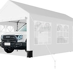 12 * 20 Heavy Duty Carport Canopy, PioneerWorks Portable Car Tent Garage with 6 Roll-up Windows and All-Season Tarp Cover, Metal Roof & 4 Sandbags for Car, SUV, Truck & Boat, White
