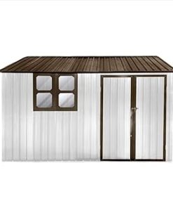 10x8 Ft Outdoor Storage Shed, Metal Sheds & Outdoor Storage with Window, Hinged Door and Padlock, Multi-Purpose Outdoor Storage Cabinet for Garden Lawn Backyard White+Coffee