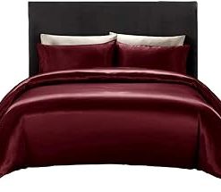100% Mulberry Silk Duvet Cover Set - 3-Piece Set - 22 Momme Grade 6A Mulberry Silk - Features Zipper Closure and Corner Ties, Queen/Full 90x90 (3 Piece)- Wine