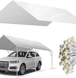 10' x 20' Canopy Replacement Cover for Carport, 220G Heavy Duty Replacement Top Cover for Car Garage, Waterproof & UV Protected Tarp with 48 Ball Bungees (Only Cover, Frame Not Included), White