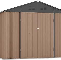 Zstar 7.5 x 8.5 FT Metal Outdoor Storage Shed, Steel Utility Tool Shed Storage House with Lockable Door Design, Metal Sheds Outdoor Storage for Garden, Patio, Backyard, Outside Use, Brown