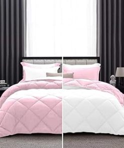 1 Piece Luxurious Lightweight Reversible Diamond Pattern Comforter Super Soft 550 GSM 100% Egyptian Cotton 1000 Thread Count Full/Queen Size (Light-Pink/White)