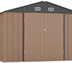 Zstar 10 x 8 FT Storage Shed Outdoor with Floor Frame, Waterproof Metal Garden Sheds with Lockable Door Design and Sloping Roof, Outdoor Shed for Garden Backyard Patio Lawn, Brown