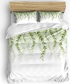 Ombre Green Vine Leaf Duvet Cover Twin Size Bedding Set, 3 Pieces Washed Patterned Textured Bed Comforter/Quilt Cover with Matching Watercolor Plant Modern Minimalist White Pillowcases for All Seasons