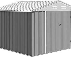Zstar 10x8 FT Metal Outdoor Storage Shed,Steel Utility Tool Shed Storage House with Lockable Door Design, Metal Sheds Outdoor Storage for Garden, Patio, Backyard, Outside Use, Grey
