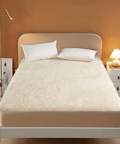 100% Wool Fleece Fitted Mattress Cover Pad with Elastic Bands,Breathable Lamb Wool Mattress,Thicken Pure Wool Bed Topper,Folding Lamb Velvet Mattress,for Twin/Full/Queen/King(Queen, White)