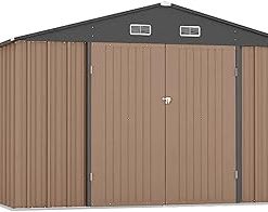 Zstar 12x10 FT Metal Outdoor Storage Shed, Steel Utility Tool Shed Storage House with Lockable Door Design, Metal Sheds Outdoor Storage for Garden, Patio, Backyard, Outside Use, Brown