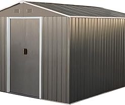10x8FT Outdoor Metal Storage Shed with Floor Frame, UV Resistant Waterproofs Steel Garden Shed, Tool Storage Shed with Sloping Roof and Lockable Door for Backyard, Patio and Lawn (Grey)