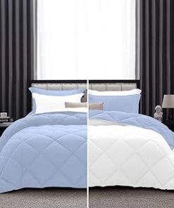 1 Piece Luxurious Lightweight Reversible Diamond Pattern Comforter Super Soft 550 GSM 100% Egyptian Cotton 1000 Thread Count Full/Queen Size (Light-Blue/White)
