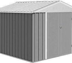 Zstar 7.5 x 8.5 FT Outdoor Storage Shed, Garden Tool Storage Shed with Sloping Roof and Lockable Double Door for Backyard Patio Lawn to Store Bikes, Tools, Lawnmowers, Grey