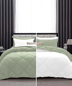 1 Piece Luxurious Lightweight Reversible Diamond Pattern Comforter Super Soft 550 GSM 100% Egyptian Cotton 1000 Thread Count Full/Queen Size (Light-Sage/White)