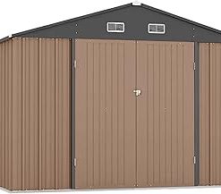 Zstar 10x8 FT Metal Outdoor Storage Shed, Steel Utility Tool Shed Storage House with Lockable Door Design, Metal Sheds Outdoor Storage for Garden, Patio, Backyard, Outside Use, Brown
