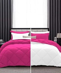 1 Piece Luxurious Lightweight Reversible Diamond Pattern Comforter Super Soft 550 GSM 100% Egyptian Cotton 1000 Thread Count Full/Queen Size (Hot-Pink/White)