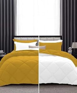 1 Piece Luxurious Lightweight Reversible Diamond Pattern Comforter Super Soft 550 GSM 100% Egyptian Cotton 1000 Thread Count Full/Queen Size (Gold/White)