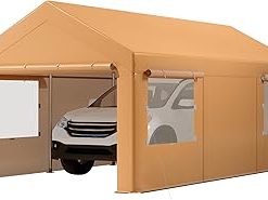 10x20FT Carport, Heavy Duty Carport with Sidewalls, Doors and Ventilated Windows, Uv Resistant and Waterproof, Portable Garage for Car, Bike, Boat, Party (Khaki)