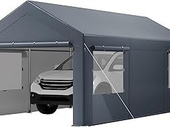 10x20FT Heavy Duty Carport, Portable Garage with Sidewalls, Doors and Ventilated Windows, UV Resistant and Waterproof, Carports 10x20 Heavy Duty for Car, Bike, Boat, Party (Gray)