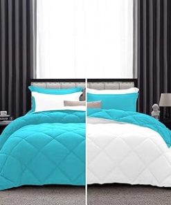 1 Piece Luxurious Lightweight Reversible Diamond Pattern Comforter Super Soft 550 GSM 100% Egyptian Cotton 1000 Thread Count Full/Queen Size ((Turquoise/White)
