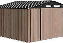 10 x 12 FT Metal Storage Shed, Galvanized Steel Utility Tool Outdoor Shed Storage House with Lockable Door & Shutter Vents for Garden, Backyard, Lawn Patio Storage, Easy Assembly, Brown