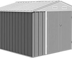 Zstar 12 x 10 FT Outdoor Storage Shed with Singe Lockable Door, Large Metal Tool Sheds with Sloping Roof & Frame Structure, Waterproof Metal Garden Sheds for Backyard, Patio, Outside Use, Gery