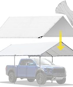10x20 Ft Carport Canopy Replacement Cover for Canopy Tent Car Tent Garage Shelter Top Tarp White Portable Carport with 120lbs Tensile Strength Ties (Only Top Cover, Frame is not Included)