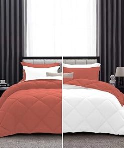 1 Piece Luxurious Lightweight Reversible Diamond Pattern Comforter Super Soft 550 GSM 100% Egyptian Cotton 1000 Thread Count Full/Queen Size (Brick-Red/White)
