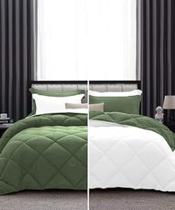 1 Piece Luxurious Lightweight Reversible Diamond Pattern Comforter Super Soft 550 GSM 100% Egyptian Cotton 1000 Thread Count Full/Queen Size (Moss/White)