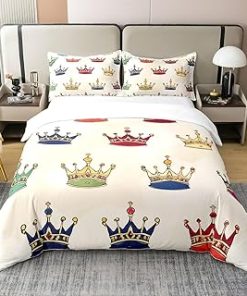 100% Natural Cotton Princess Full Comforter Cover For Kids Boys Girls Cartoon Crown Duvet Cover Colorful Crown Bedding Set Kawaii Cute Pattern Bedspread Cover With Zipper Closure,Soft Warm