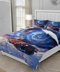ZAJIO Bedding Set 3D Printed Red Jeep Comforter Cover Twin Size Outer Space Duvet Cover Set Lightweight Bedspread Cover 1 Quilt Cover with 2 Pillow Cases(No Comforter)
