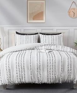 100% Cotton Duvet Cover Queen Size, 3Pcs Boho Textured Duvet Cover Set, Yarn-Dyed Tufted Dots Jacquard Duvet Cover Set for All Season, 90x104 Inch