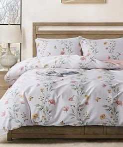 Zusbest Off White Floral Duvet Cover Set Queen Size 100% Cotton French Country Bedding Pink Yellow Flower Butterfly Comforter Cover Leaves Printed Reversible Bed Cover Crisp Soft All Season 3Pcs