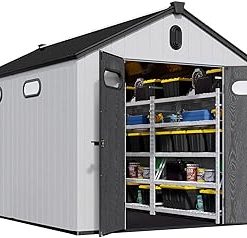 10x7FT Plastic Storage Shed with Floor Durable Heavy Duty Weather Resistant Double Layer PP Steel Reinforced Structure for Outdoor Equipment Ventilated Lockable Door Garage Canopy Tent Shelter
