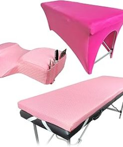 | Lash Bed Mattress + Bed Cover + Pillow (Pink) | Mattress with Four Corner Straps & Anti-Slip Bottom | Curved Pillow with Neck & Back Support | Spa Bed Cover for Lash Extension Bed