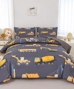 ZRNBAST Excavator Kids Comforter Set Queen Size Equipment Trucks Comforter Set for Boys Teens 3 Pieces Crane Digger Mixer Bedding Set Tractor Machinery Construction Comforter Set with 2 Pillowcases