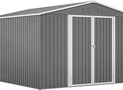 10 x 10 FT Outdoor Metal Shed, Lockable Storage Garage for Garden, Patio, Backyard with Updated Frame Structure - Grey
